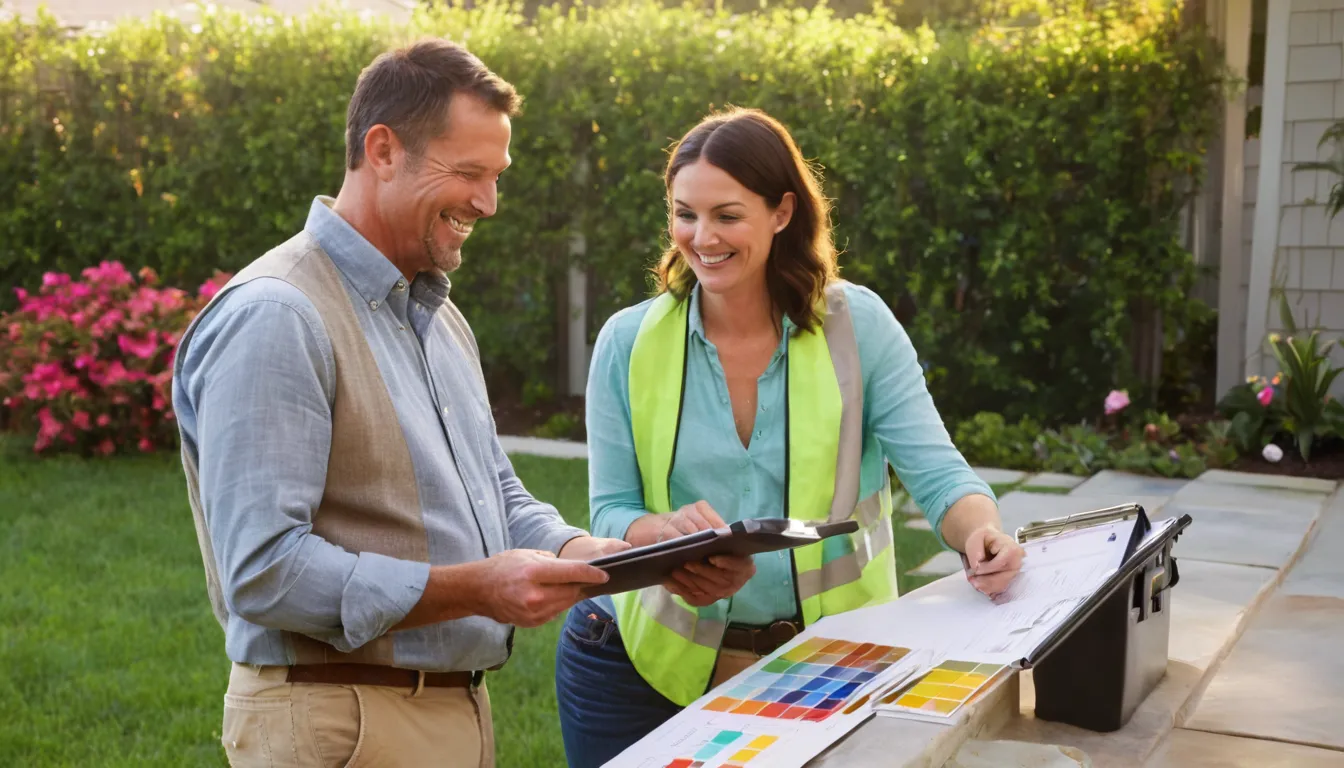 A homeowner reviewing concrete patio options with a local provider in the Raymore area