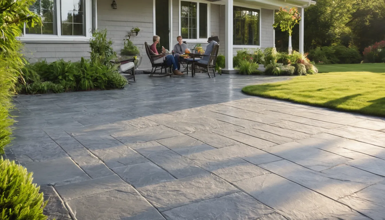Stamped concrete patio with a slate pattern behind a home in Raymore